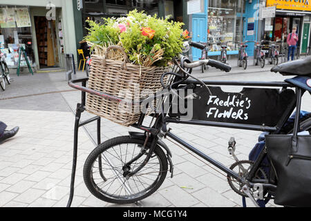 Blume Abonnement Start business' Freddie's Blumen Fahrrad mit Weidenkorb voller Blumen Frühling South Kensington London UK KATHY DEWITT Stockfoto