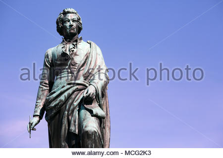 Eine Statue von Mozart in Salzburg. Stockfoto