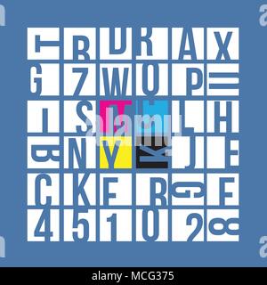 CMYK Typografie Konzept, mehrere weiße Felder mit englischen Buchstaben Stock Vektor