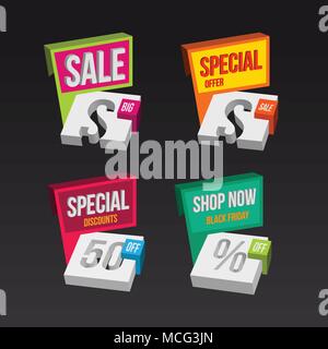 Bunte 3D Vertrieb Abzeichen Konzepte, Spezielle Angebote, Rabatte. Vector Illustration. Stock Vektor