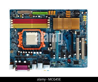 Motherboard in Blau mit der Steckplätze PCI, AGP, DDR, CPU-Kühlkörper sichtbar. Ansicht von oben Stockfoto