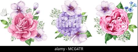 Satz von Blumensträuße Apfel Baum Blume, Gypsophila in Aquarell Stil auf weißem Hintergrund. Für Grußkarten, Drucke. Alle Elemente können bearbeitet werden. Stock Vektor