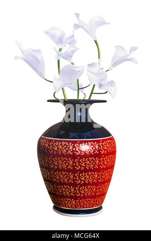 Weiße calla Lilien Porzellan Vase auf weißem Hintergrund. Pfad enthalten. Stockfoto