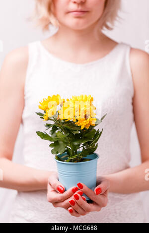 Foto der Frau in Gummihandschuhe holding Topf mit Gelbe Blume Stockfoto