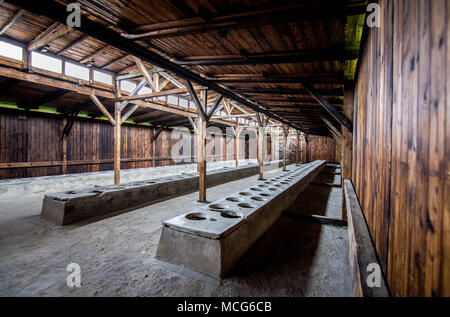 Das Innere der Baracke Gebäude, die zeigen, wie die Gefangenen in Etagenbetten und gemeinsame Toiletten im Konzentrationslager Auschwitz-Birkenau untergebracht waren, Stockfoto