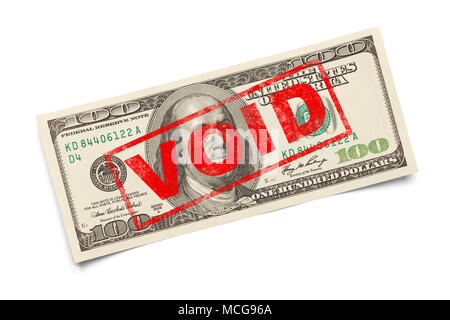 Void Stempel auf Hundert Dollar Bill isoliert auf Weiss. Stockfoto