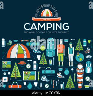 Camping Ausrüstung Kreis Infografiken Konzept Vorlage. Symbole für Ihr Produkt oder Ihre Design-, Web- und mobile Anwendungen. Vektor Wohnung mit langen Schatten Abbildung auf blauem Hintergrund Stock Vektor