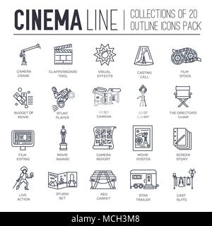 Premium Qualität kino Industrie thin line Design. Dreharbeiten minimalistisch Symbol pack. Übersicht film Technologie Vorlage von Symbol, Typografie, Logo, Piktogramm und Illustration Konzept Stock Vektor