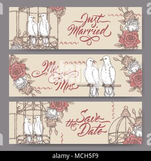 Satz von drei original Hochzeit Banner auf Tauben in Cage vintage Skizze und Pinsel Kalligraphie basiert. Datum speichern, nur verheiratet, Herr und Frau Karten für b Stock Vektor