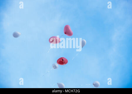 Ballons in der Form der Herzen freigegeben werden, weil die Paar angekommen / schöne Hochzeitsfeier Dekor. Stockfoto