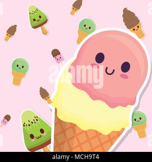 Kawaii Eis und Eis um über lila Hintergrund, farbenfrohen Design. Vector Illustration Stock Vektor