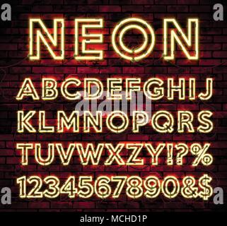 Helles Neon Alphabet auf dunklen Mauer Hintergrund. Vektornummer und Symbol mit glänzenden Leuchteffekt. Stock Vektor