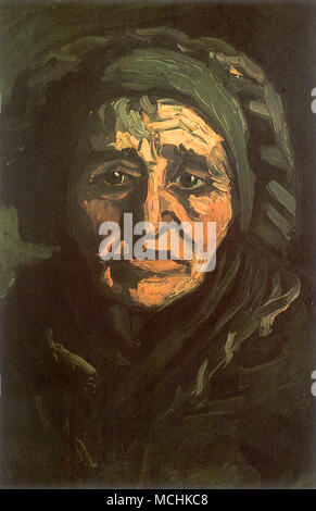 Kopf einer ländlichen Frau mit grünlich Spitzen Kappe Stockfoto