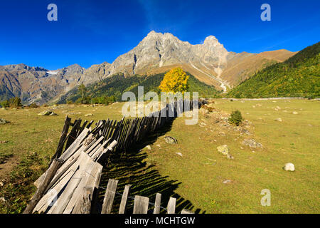 Blick auf Ushba aus Mazeri Dorf. Mazeri ist ein Bergdorf im oberen Swanetien, Georgia. Stockfoto