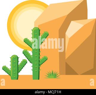 Abstrakte Landschaft der Wüste mit felsigen Bergen und Kakteen Symbol auf weißem Hintergrund, farbenfrohen Design. Vector Illustration Stock Vektor