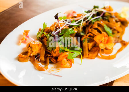 Hausgemachte Nudeln mit Huhn gebraten mit Sauce Stockfoto