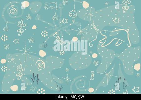 Cute Winter Hintergrund mit Hand gezeichnet Schneeflocken, Eisbär, Ornamente, Sterne und andere winter Gekritzel auf subtile blauen Hintergrund. Hand gezeichnet. Stock Vektor
