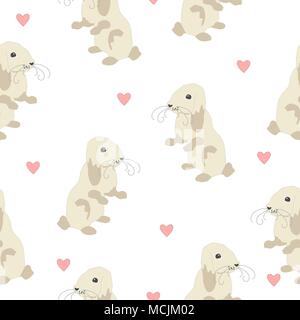 Cute nahtlose Muster mit Bunny auf der Rückseite der Füße und Herzen. Vector Illustration Stock Vektor