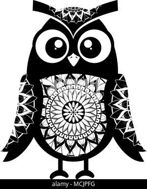 Monochrome Eule Vogel mit Mandala Muster Vector Illustration Design Stock Vektor