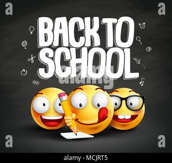 Smiley Emoticons und zurück in die Schule text vector Banner Design. Smileys Schüler schreiben mit lustigen Mimik in schwarz Textur Hintergrund. Stock Vektor