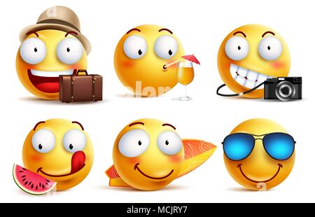 Sommer smileys Vektor mit Mimik. Gelbe smiley Emoticons mit Sommer Urlaub und Reisen Outfits und Elemente in Weiß isoliert Stock Vektor