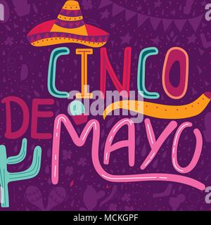 Banner oder Karte für Cinco de Mayo Feier. Urlaub Poster mit Hand gezeichnet Kalligraphie Schrift, Sombrero, Kaktus, Chili, Tequila und Maracas. Vec Stock Vektor