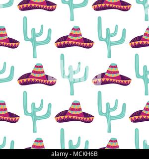 Nahtlose Muster mit Hand gezeichnet Sombrero, Kaktus. Kann für Banner oder Karte für Cinco de Mayo Feier verwendet werden. Urlaub Poster. Vektor mexikanische Fiesta Stock Vektor