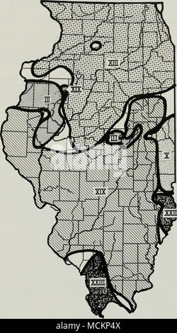 . Txm^ Abb. 5. - Verteilung der periodischen Zikaden in Illinois. Die Reichweiten der fünf Illinois Bruten werden auf der Karte angezeigt. Jede Brut wird durch Marlatfs Nummer identifiziert. Cies: Buche, Tulip poplar, und einige Fische und Sala - manders. Der untere Mississippi River Valley Brut tritt für einen erheblichen Teil der Region, wo der kahle Cypress auch die nördlichen Grenzen entspricht. Besetzung eines Holz durch zwei oder mehr Generationen ist extrem selten, nach meiner Daten. Holz kann fast benachbart sein, aber jedes Holz unterstützt in der Regel nur eine Brut. Sand Bereiche sind in der Regel, wenn nicht immer, frei von Zikaden. Die Stockfoto