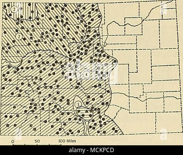 . Abb. 40. Verteilung der Eutamias minimus in Colorado. 1. E. m. caryi. 2. E. m. consobrinus. 3. E. m. minimus. 4. E.m. operarius. Zur Erläuterung der Symbole, siehe S. 9. beim Ausführen, und eine Vorliebe für mehr Mesic, weniger felsige Lebensräume als die Benachteiligten von E.quadrivittatus. Eutamias minimus caryi Merriam Eutamias minimus caryi Merriam, Proc. Biol. Soc. Washington, 21: 143, 9. Juni 1908; Typuslokalität, Me-dano Ranch, 15 mi. NE Mosca, Alamosa Co., Colo-Rado. Verteilung in Colorado. - Nordosten San Luis Valley (Abb. 40). Vergleiche. - Von E. m. operarius, die Unterart der Berge s Stockfoto