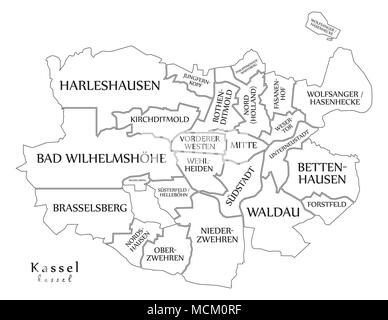 Moderne Stadtplan - Kassel Stadt Deutschlands mit Bezirken und Titel DE Übersichtskarte Stock Vektor