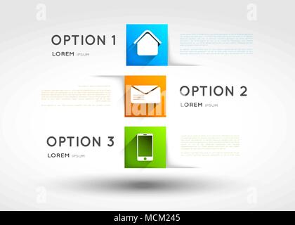 Infografik Vorlage, Option Quadrate Banner mit Symbolen, lange Schatten Effekt, design Element Stock Vektor