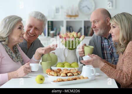 Zwei ältere Paare Tee trinken. Stockfoto