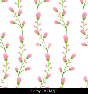 Rosa Knospen am Stamm zarten, rosa Blüten nahtlose Muster, florale vector Hintergrund. Unblown Frühling Blumen auf einem Zweig auf weißem Hintergrund. Für f Stock Vektor