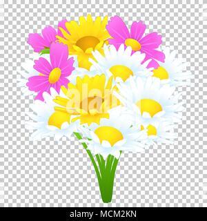 Blumenstrauß aus bunten Blumen, Vektor Zeichnung. Helle wiese Knospen gelb und weiß Kamille, Cosmos, rosa Blüten und Stängel auf einen transparenten b isoliert Stock Vektor