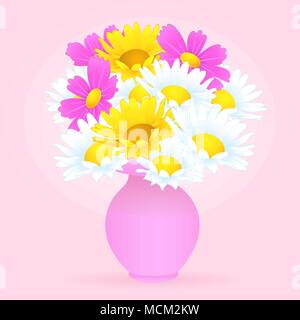 Blumenstrauß aus bunten Blumen in der Vase, Vektor Zeichnung. Helle wiese Knospen gelb und weiß Kamille und rosa Blume in Pastelltönen rosa Vase auf isolierte Stock Vektor