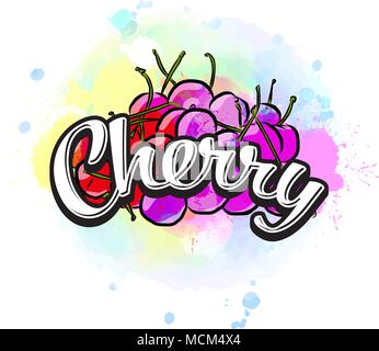 Cherry bunten Label unterzeichnen. Vektor Zeichnung für Werbung. Frisches Design mit bunten Früchten in Aquarell Stil. Moderne Abbildung auf weißen Bac Stock Vektor