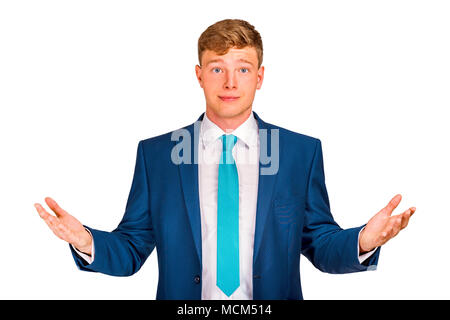 Young Business Mann mit offenen Armen, über Weiß bacground isoliert, Kaukasier. Stockfoto