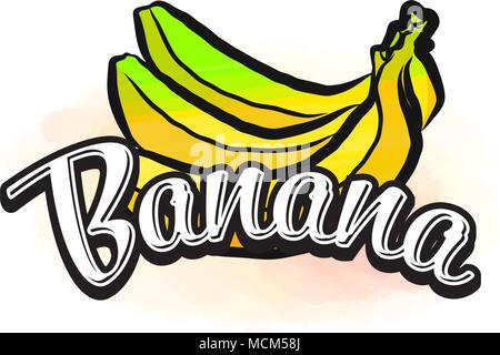 Banana bunt Label unterzeichnen. Vektor Zeichnung für Werbung. Frisches Design mit bunten Früchten in Aquarell Stil. Moderne Abbildung auf weißen Bac Stock Vektor
