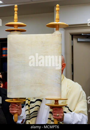 Ein jüdischer Mann hält Thorarollen in der Synagoge der orthodoxen Juden das Gebet Stockfoto