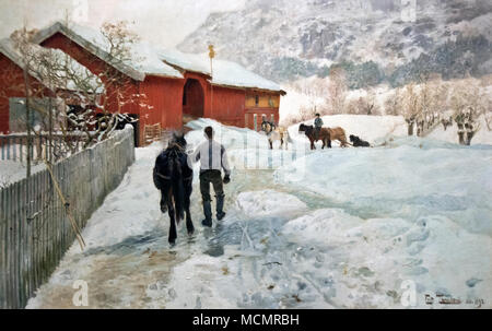 Frits Thaulow - Holz Transportunternehmen nach Hause (1892) Stockfoto