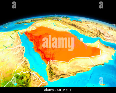 Satellitenansicht von Saudi-arabien in Rot hervorgehoben auf dem Planeten Erde mit Grenzen. 3D-Darstellung. Elemente dieses Bild von der NASA eingerichtet. Stockfoto
