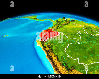 Satellitenansicht von Ecuador in rot markiert auf dem Planeten Erde mit Grenzen. 3D-Darstellung. Elemente dieses Bild von der NASA eingerichtet. Stockfoto