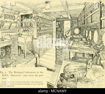 . Abb. 2. Die biologischen Labor in der R.R.S. 'Discovery', aus dem Hafen Tür gesehen. Eine Weitwinkelaufnahme beide Seiten des Labors zu zeigen: Die richtige Perspektive und die Idee von der Größe zu bekommen, wird die Seite in einem Halbkreis gebogen. gläser mit 75 Prozent Alkohol, 10 Prozent Formalin und Formalin in voller Stärke. Die Lieferungen von diese Gläser sind durch Gummi Rohre zu Glas Taps-LED, montiert in der Nähe zusammen auf einem Holzsockel.^ Die Gläser sind durch eine kleine Merryweather Handpumpe befüllt, mit Gummi Ansaug- und Auslassleitungen. In der Praxis diese Anordnung erwies sich als sehr bequem, aber viel l Stockfoto