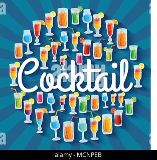 Bunten Cocktail trinken Kreis Infografiken Vorlage Konzept. Symbole für Ihr Produkt oder Ihre Design-, Web- und mobile Anwendungen. Vektor Wohnung mit langen Schatten Abbildung auf blauem Hintergrund Stock Vektor