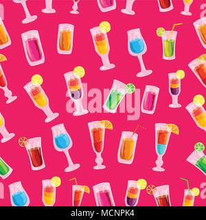 Bunten Cocktail trinken nahtlose Muster Vorlage Konzept. Symbole Design für Ihr Produkt oder Ihre Design-, Web- und mobile Anwendungen. Vektor Wohnung mit langen Schatten Abbildung auf blauem Hintergrund Stock Vektor