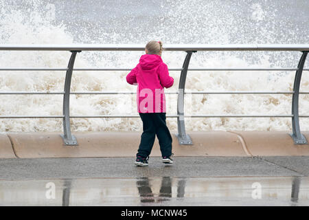 Windiges Wetter, Blackpool, Lancashire. 17. April 2018. UK Wetter. In einigen Teilen des Vereinigten Königreichs aalen Sie sich in der spanischen Plume, wave Schwindler nehmen Ihre Chancen gegen die hohen Wellen smashing gegen das Meer Wand an Blackpools Strandpromenade. Credit: cernan Elias/Alamy leben Nachrichten Stockfoto