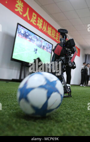 Shenyang, Shenyang, China. 17 Apr, 2018. Shenyang, China 17. April 2018: Roboter spielen Fußball auf der RoboCup 2018 China in Shenyang, Provinz Liaoning im Nordosten Chinas, 17. April 2018. Credit: SIPA Asien/ZUMA Draht/Alamy leben Nachrichten Stockfoto