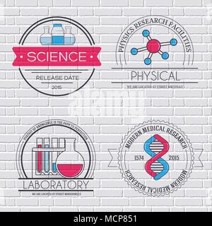 Wissenschaft set label Vorlage von emblem Element für Ihr Produkt oder Ihre Design-, Web- und mobile Anwendungen mit Text. Vector Illustration mit dünnen Linien isoliert Symbole auf Briefmarke Symbol. Stock Vektor