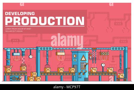 Producrion dünne Linie Vektor illustration Konzept. Ausstattung mit moderner Technologie lineare Symbol pack. Vorlage der dünnen Linie Logos, Symbole, Piktogramme und flachen Abbildungen Konzept. Stock Vektor
