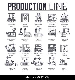 Produktion Umrisse Icons Sammlung eingestellt. Industrie lineare Symbol pack. Moderne Vorlage der dünnen Linie Symbole, Logos, Symbole, Piktogramme und flachen Abbildungen Konzept Stock Vektor